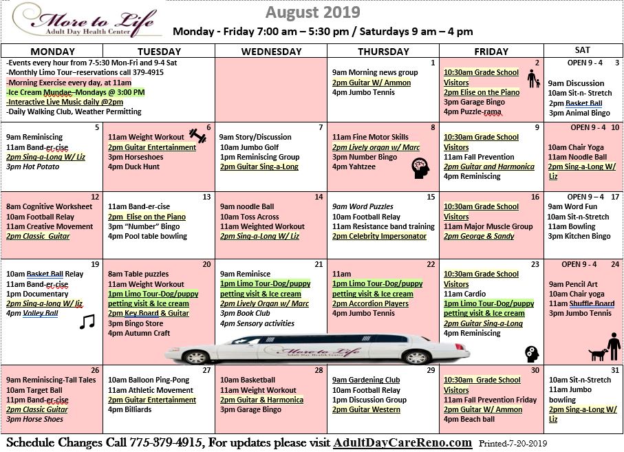 Adult Day Care Calendar | More To Life | Sparks, Nevada