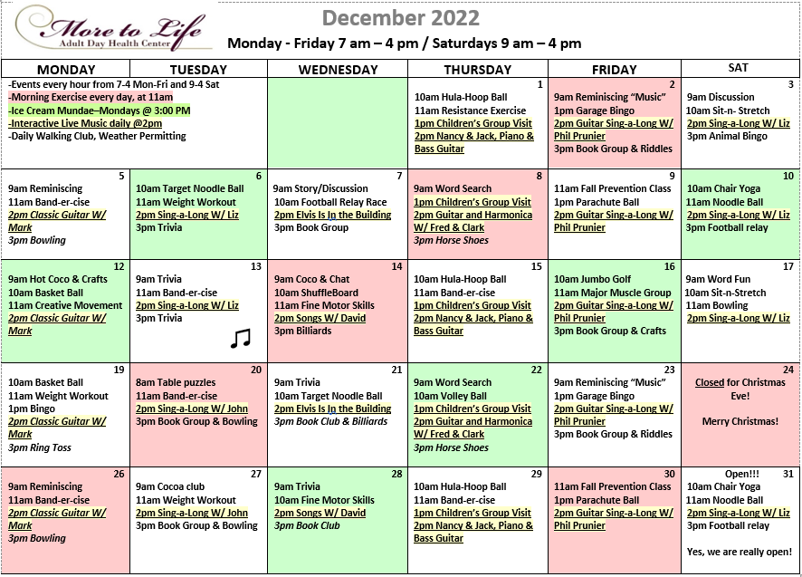 Adult Day Care Calendar | More To Life | Sparks, Nevada