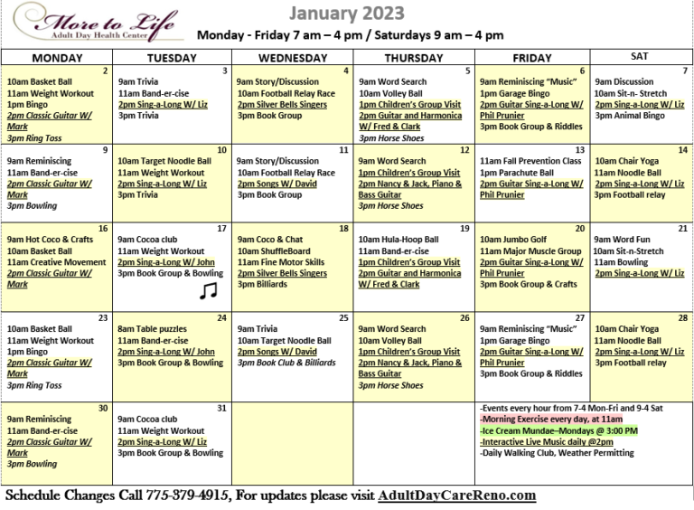 Adult Day Care Calendar | More To Life | Sparks, Nevada