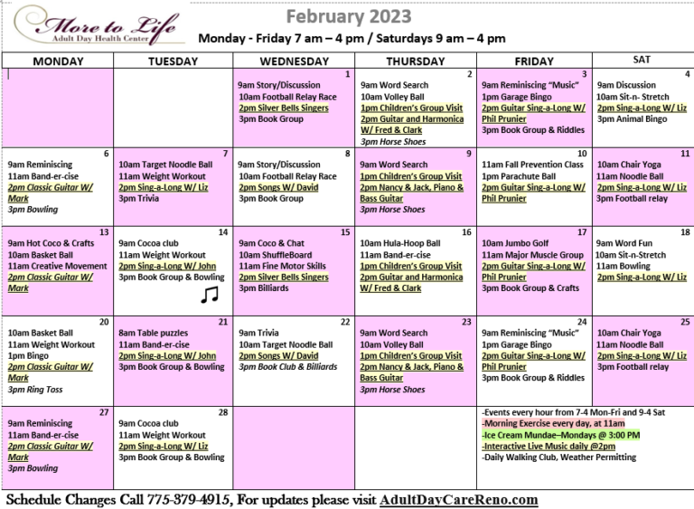 Adult Day Care Calendar | More To Life | Sparks, Nevada