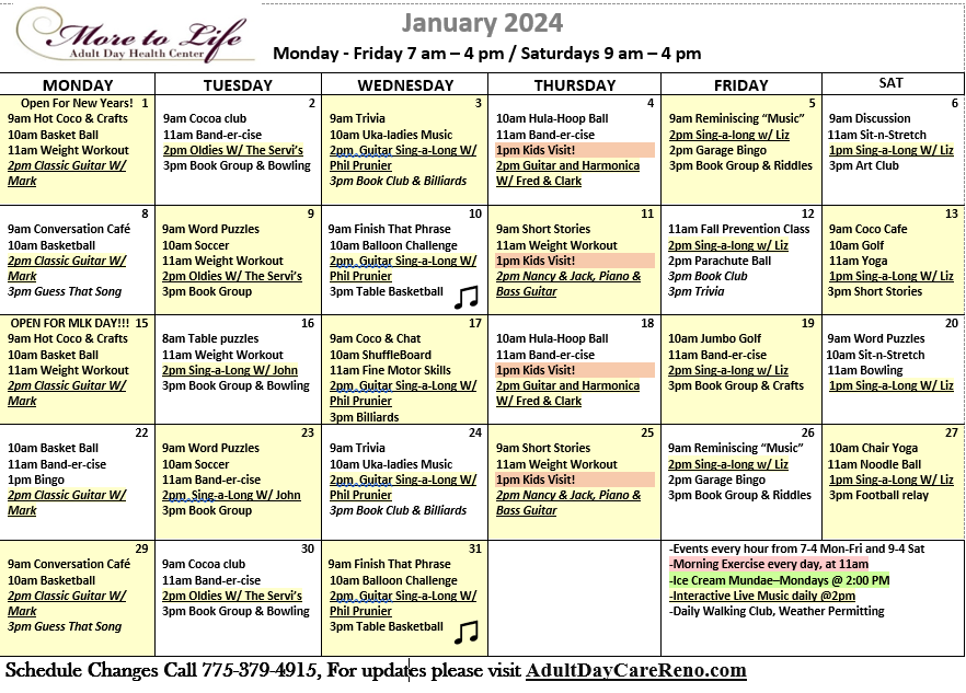 Adult Day Care Calendar | More To Life | Sparks, Nevada